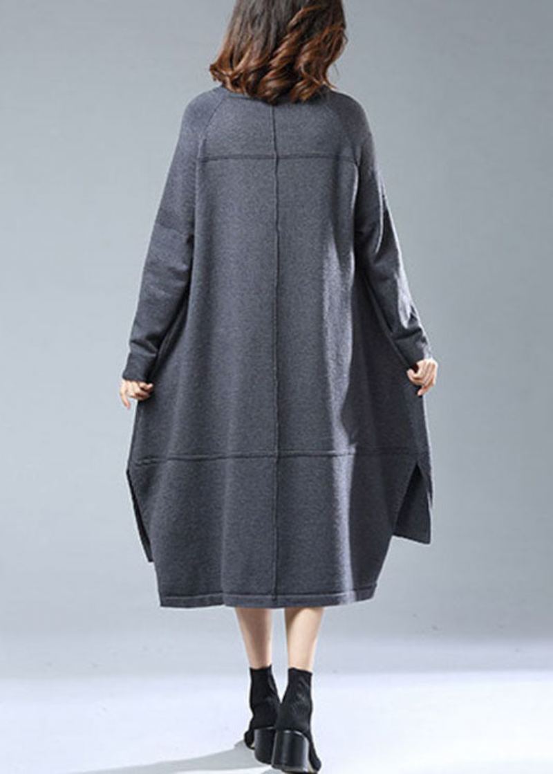 Robe En Laine À Col Roulé Gris Italien Design Bas Et Haut Patchwork Automne - Manteaux en laine femmes