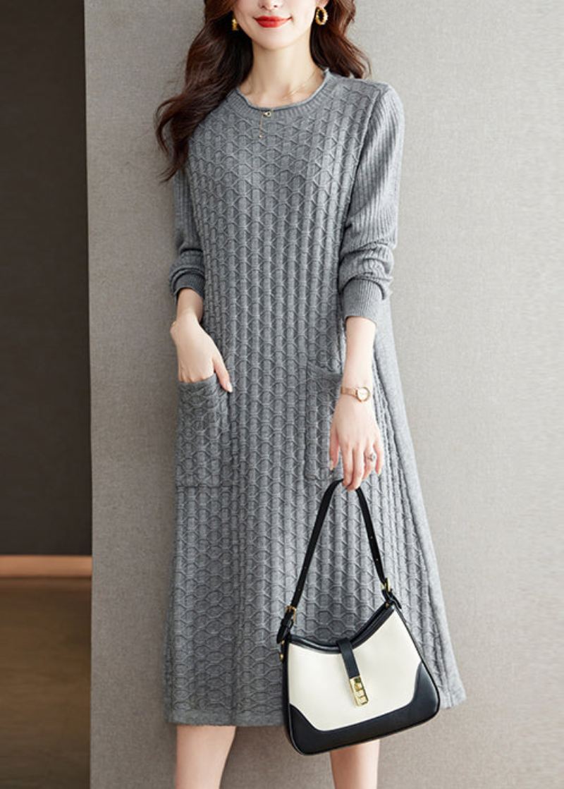 Robe En Laine Gris Ample Col Rond Poches Patchwork Automne