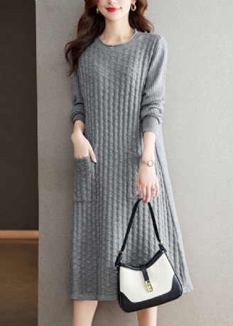 Robe En Laine Gris Ample Col Rond Poches Patchwork Automne