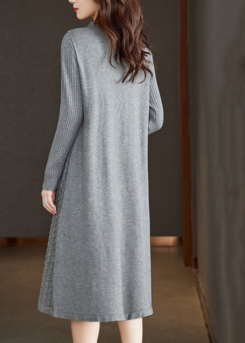 Robe En Laine Gris Ample Col Rond Poches Patchwork Automne - Manteaux en laine femmes