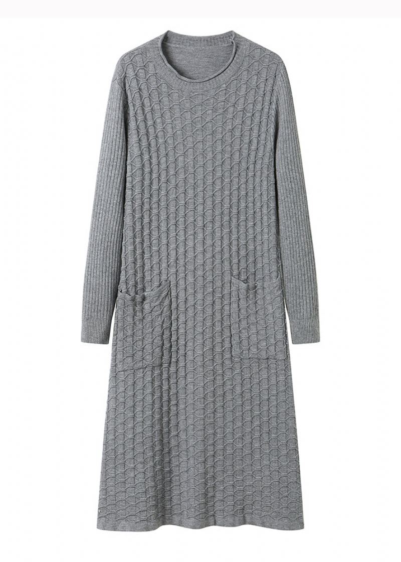 Robe En Laine Gris Ample Col Rond Poches Patchwork Automne - Manteaux en laine femmes