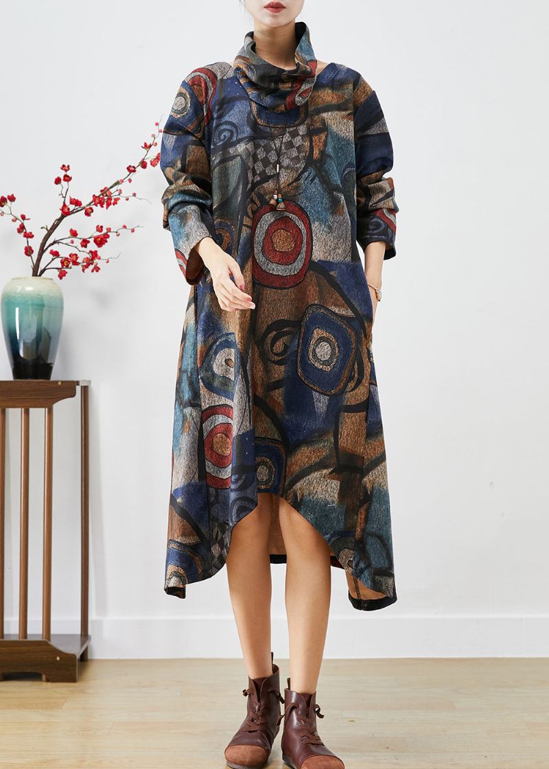 Robe En Laine Imprimée Surdimensionnée Bleu Marine De Grande Taille Ensemble Deux Pièces Automne - Manteaux en laine femmes