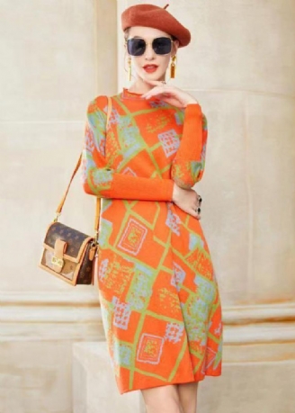 Robe En Laine Jacquard À Col Montant Orange Moderne Patchwork Hiver