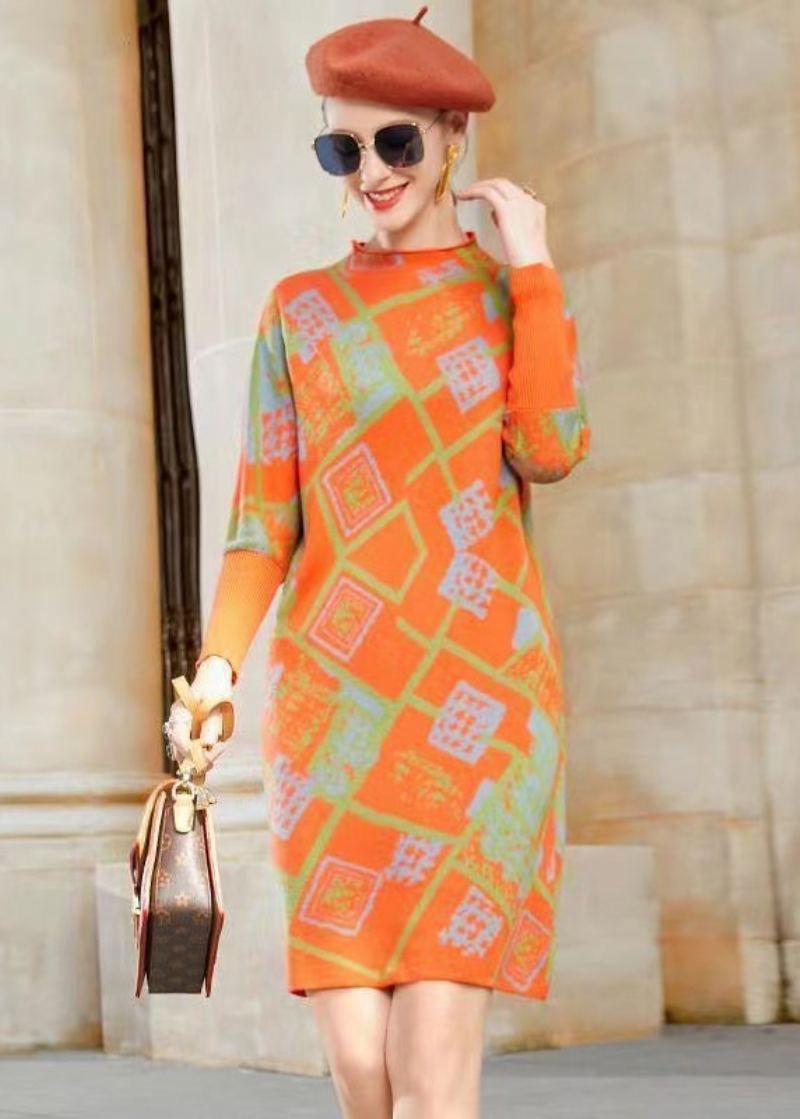 Robe En Laine Jacquard À Col Montant Orange Moderne Patchwork Hiver - Manteaux en laine femmes