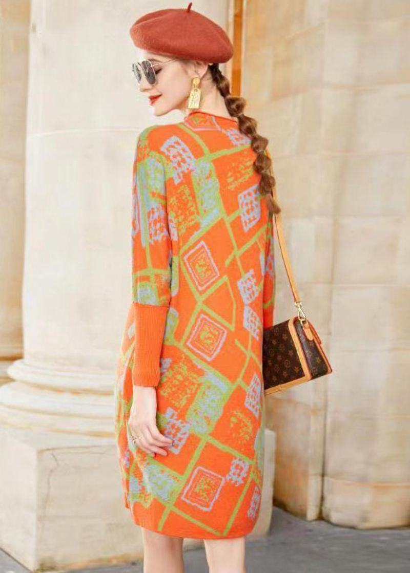 Robe En Laine Jacquard À Col Montant Orange Moderne Patchwork Hiver - Manteaux en laine femmes