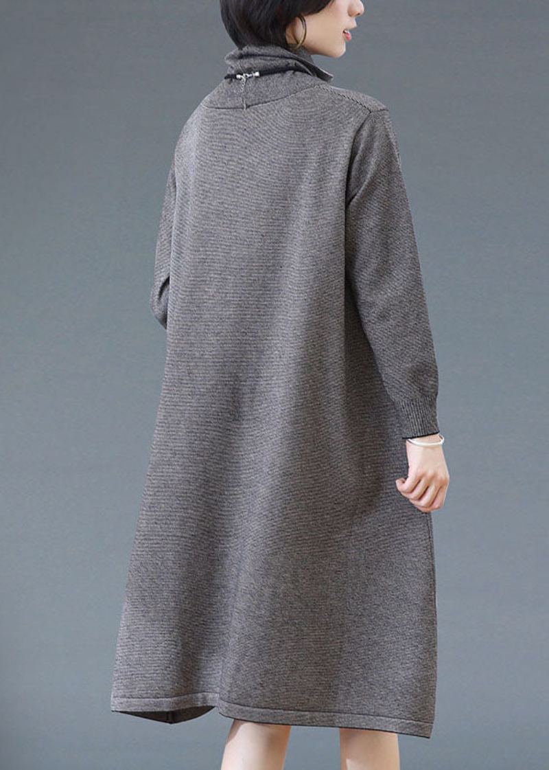 Robe En Laine Patchwork Rayée À Col Roulé Gris Foncé Simple Automne - Manteaux en laine femmes