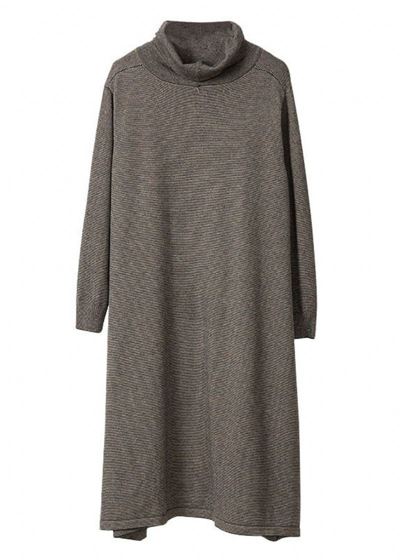 Robe En Laine Patchwork Rayée À Col Roulé Gris Foncé Simple Automne - Manteaux en laine femmes