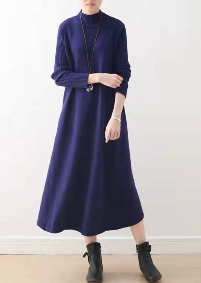 Robe Longue Bleue En Coton Grande Taille Tenue Chaude En Laine Hiver 2024