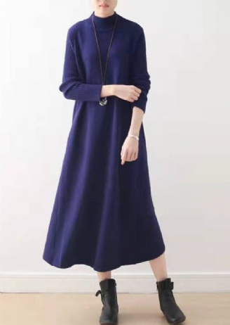 Robe Longue Bleue En Coton Grande Taille Tenue Chaude En Laine Hiver 2024