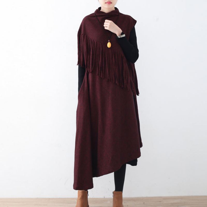 Robe Longue En Laine Bordeaux Fine Tendance Grande Taille À Franges D'automne Élégante Ourlet Asymétrique Hiver