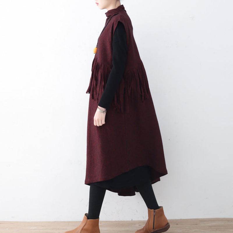 Robe Longue En Laine Bordeaux Fine Tendance Grande Taille À Franges D'automne Élégante Ourlet Asymétrique Hiver - Bordeaux