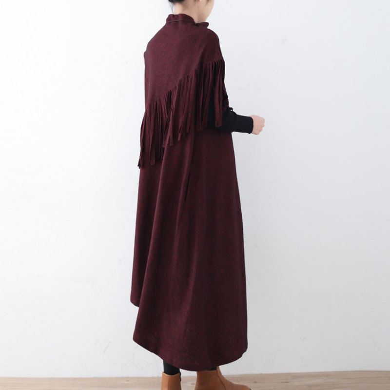 Robe Longue En Laine Bordeaux Fine Tendance Grande Taille À Franges D'automne Élégante Ourlet Asymétrique Hiver - Bordeaux