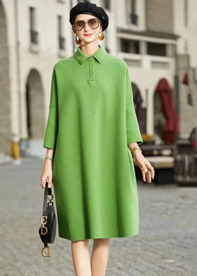 Robe Longue En Laine Col Peter Pan Vert Français Patchwork Manches Longues - Manteaux en laine femmes