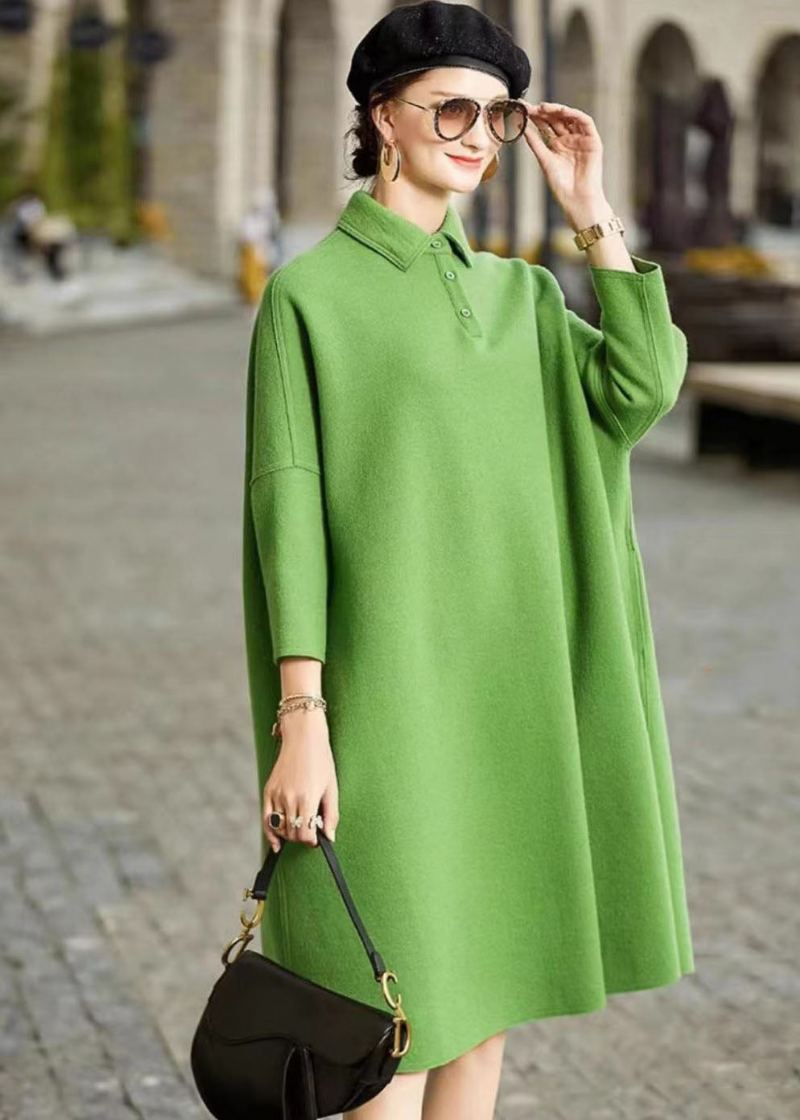 Robe Longue En Laine Col Peter Pan Vert Français Patchwork Manches Longues - Manteaux en laine femmes