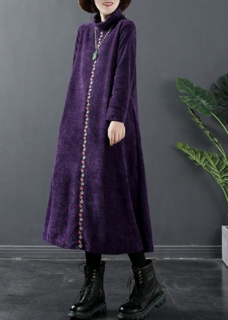 Robe Longue En Laine À Col Roulé Violet Ajustée Hiver