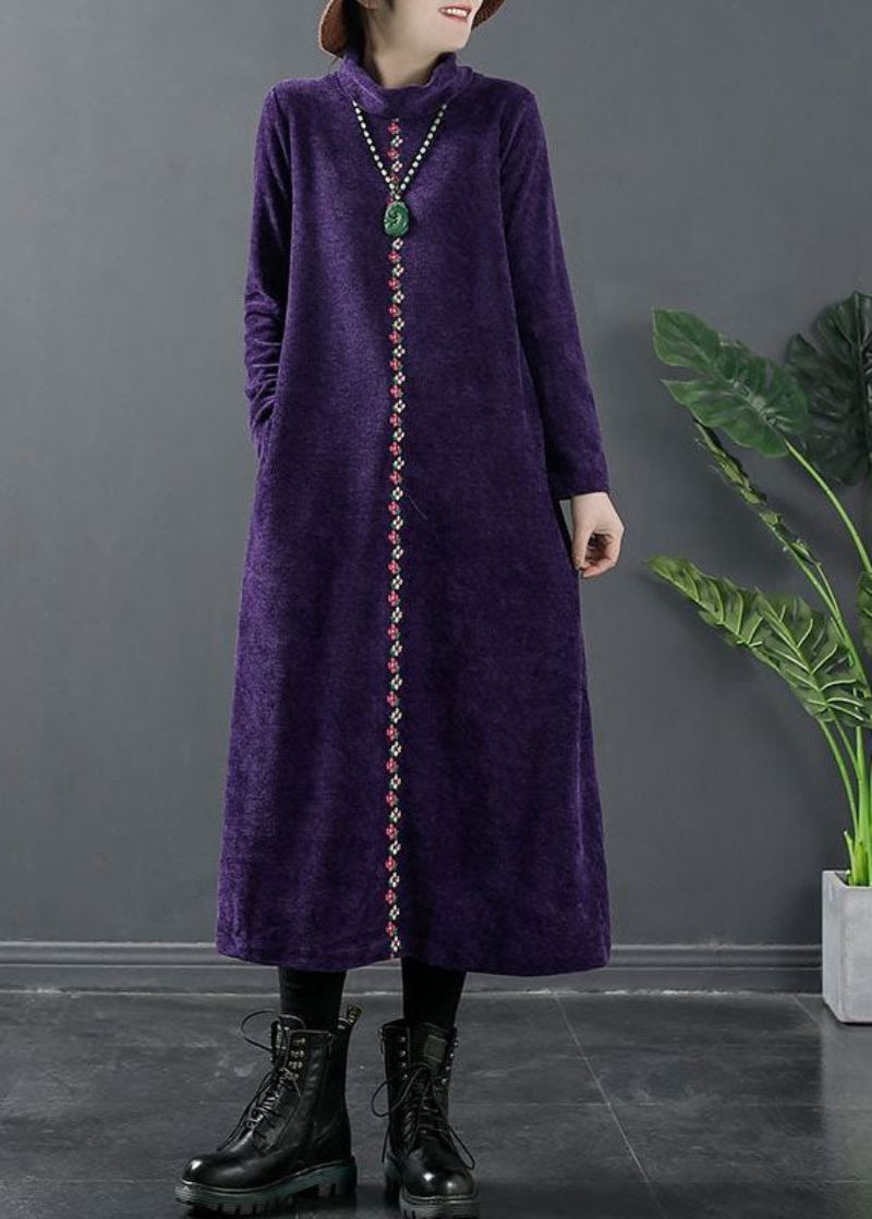 Robe Longue En Laine À Col Roulé Violet Ajustée Hiver - Manteaux en laine femmes