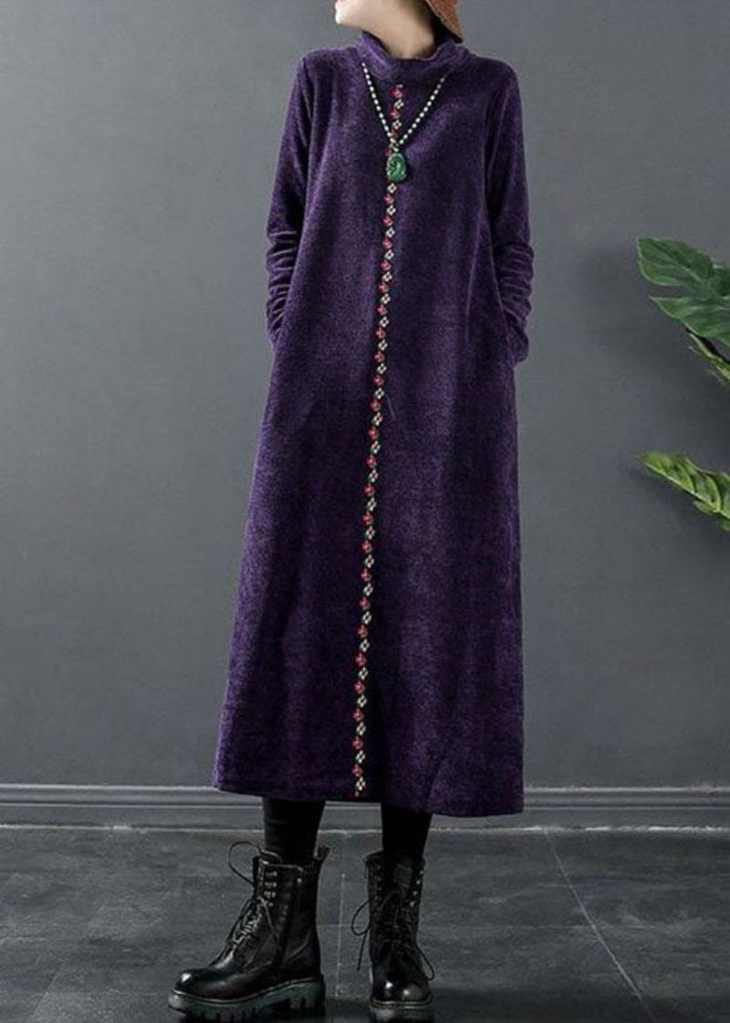 Robe Longue En Laine À Col Roulé Violet Ajustée Hiver - Manteaux en laine femmes