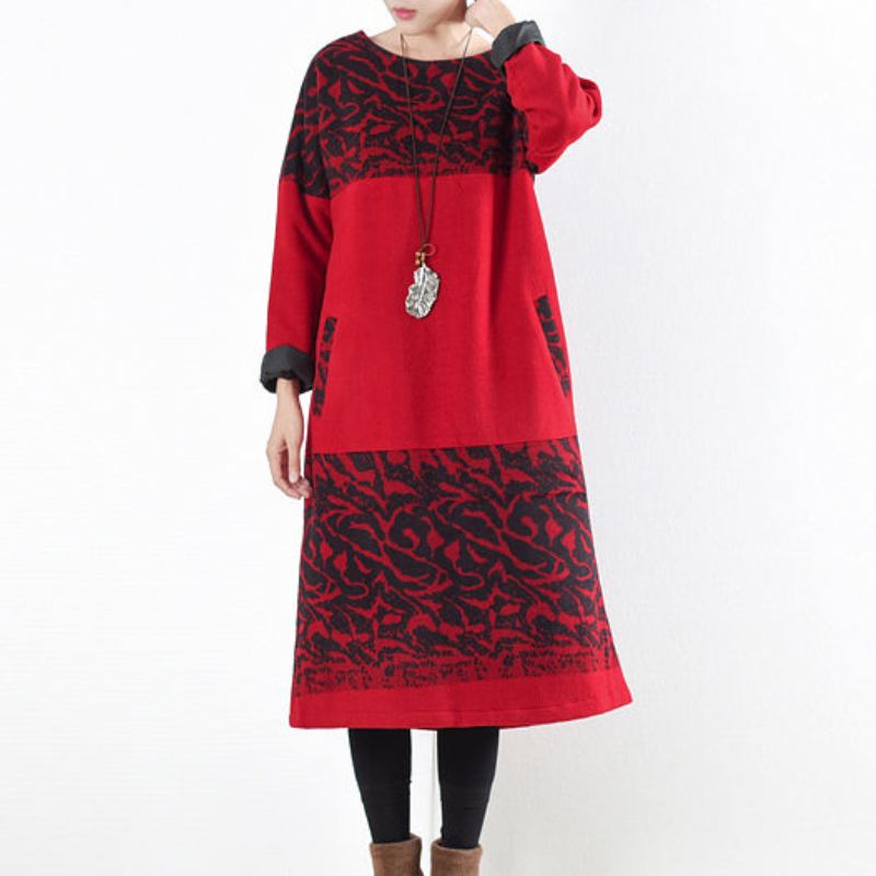 Robe Longue Rouge Vintage En Laine Imprimée Pull Caftans Chemises Longues Hiver 2024