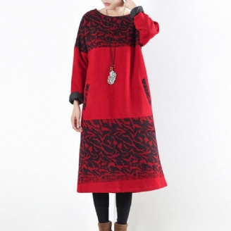 Robe Longue Rouge Vintage En Laine Imprimée Pull Caftans Chemises Longues Hiver 2024