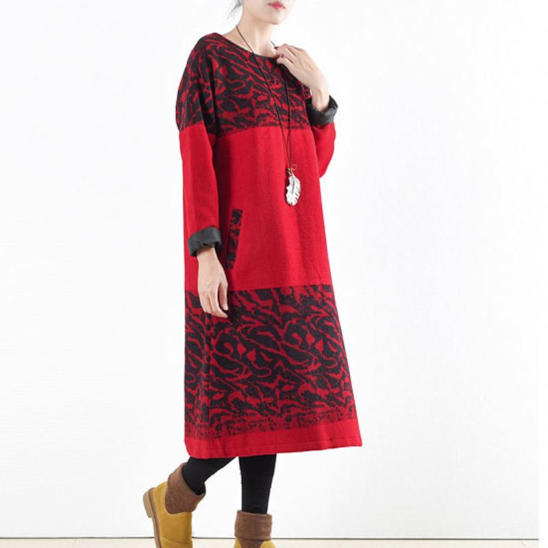 Robe Longue Rouge Vintage En Laine Imprimée Pull Caftans Chemises Longues Hiver 2024 - Manteaux en laine femmes