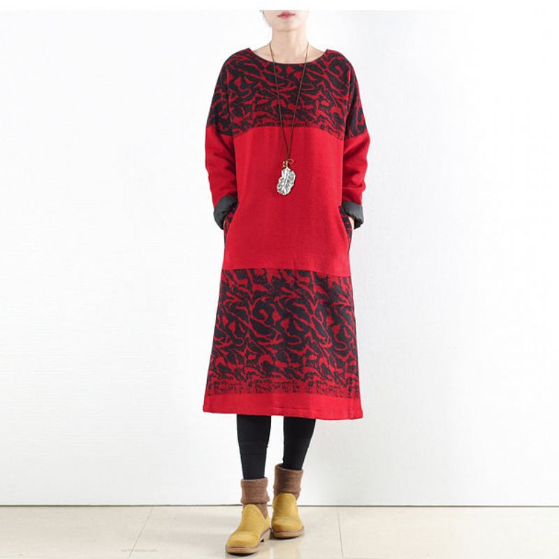 Robe Longue Rouge Vintage En Laine Imprimée Pull Caftans Chemises Longues Hiver 2024 - Manteaux en laine femmes