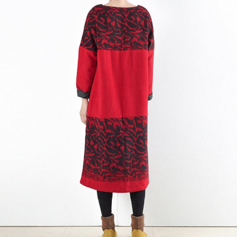 Robe Longue Rouge Vintage En Laine Imprimée Pull Caftans Chemises Longues Hiver 2024 - Manteaux en laine femmes