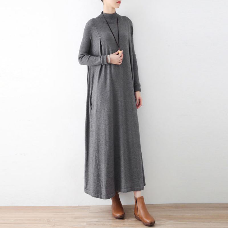 Robe Maxi En Tricot Gris Élégante Et Chaude En Laine Caftans Hiver 2024 - Manteaux en laine femmes