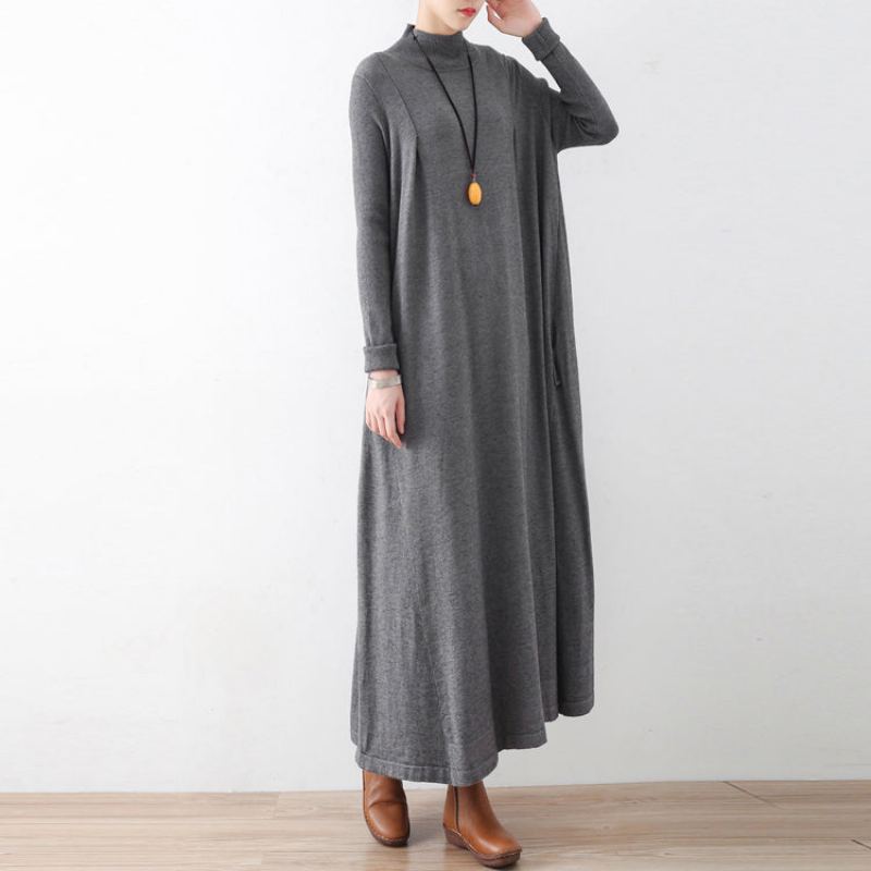 Robe Maxi En Tricot Gris Élégante Et Chaude En Laine Caftans Hiver 2024 - Manteaux en laine femmes