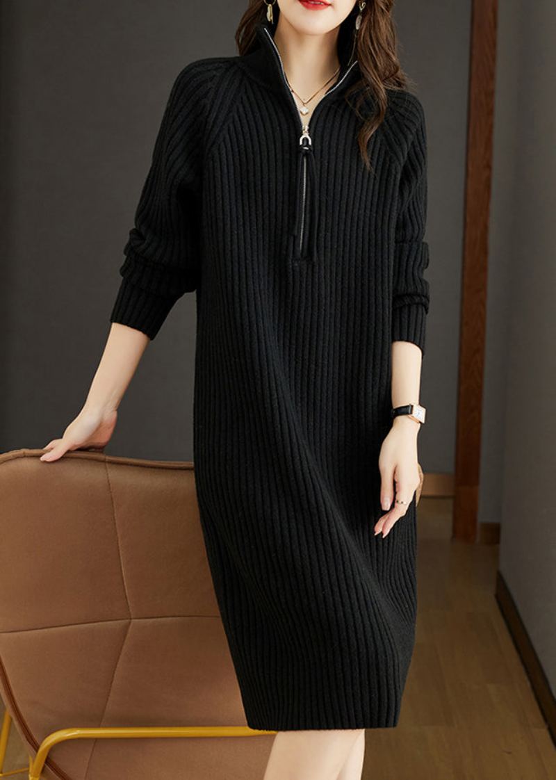 Robe Noire En Tricot De Laine Pour Femmes Fermeture Éclair Patchwork Automne