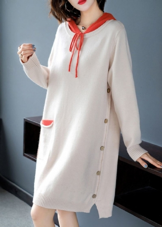 Robe Pull En Laine À Capuche Épaisse Avec Cordon De Serrage Beige Automne