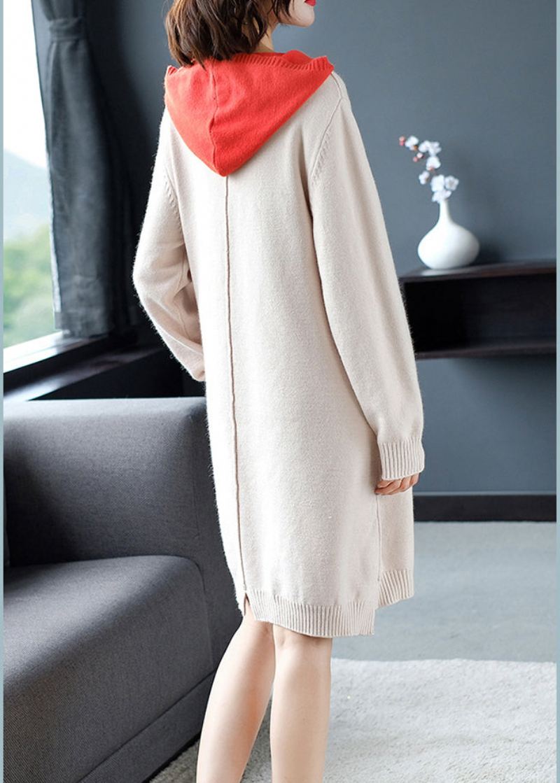 Robe Pull En Laine À Capuche Épaisse Avec Cordon De Serrage Beige Automne - Beige