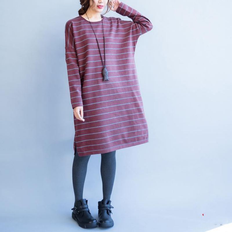 Robe Pull En Laine Mélangée À Rayures Rouges Ample Et Décontractée Col Rond En Tricot Nouvelle Collection Automne