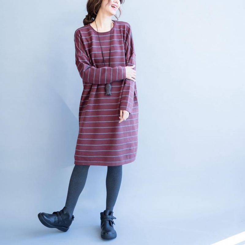 Robe Pull En Laine Mélangée À Rayures Rouges Ample Et Décontractée Col Rond En Tricot Nouvelle Collection Automne - Gris