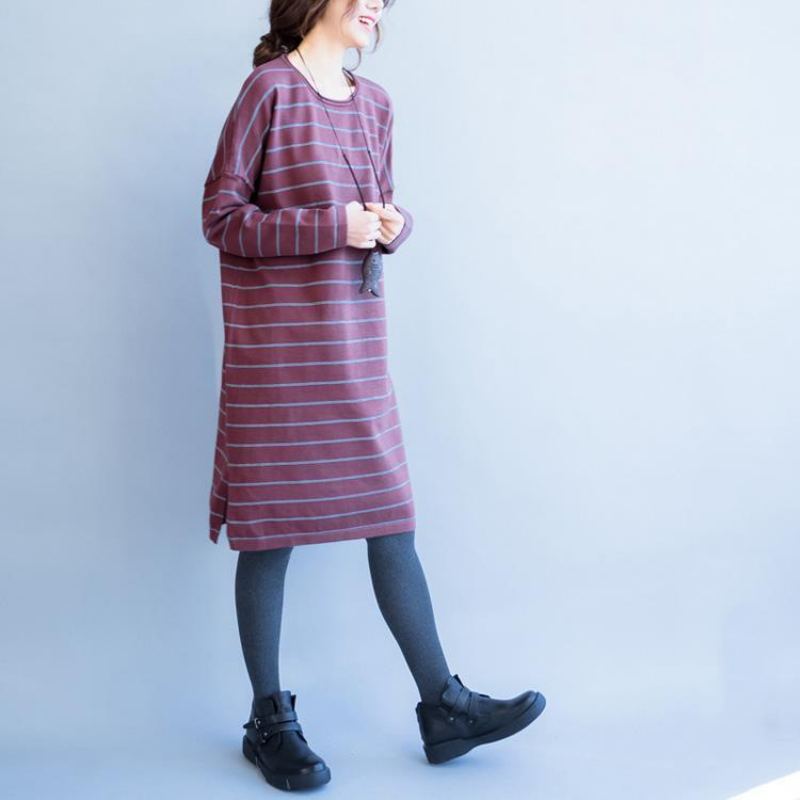 Robe Pull En Laine Mélangée À Rayures Rouges Ample Et Décontractée Col Rond En Tricot Nouvelle Collection Automne - Gris