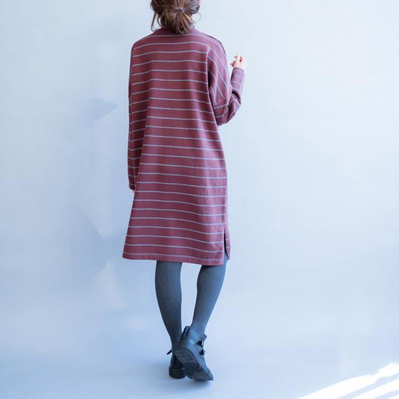 Robe Pull En Laine Mélangée À Rayures Rouges Ample Et Décontractée Col Rond En Tricot Nouvelle Collection Automne - Gris