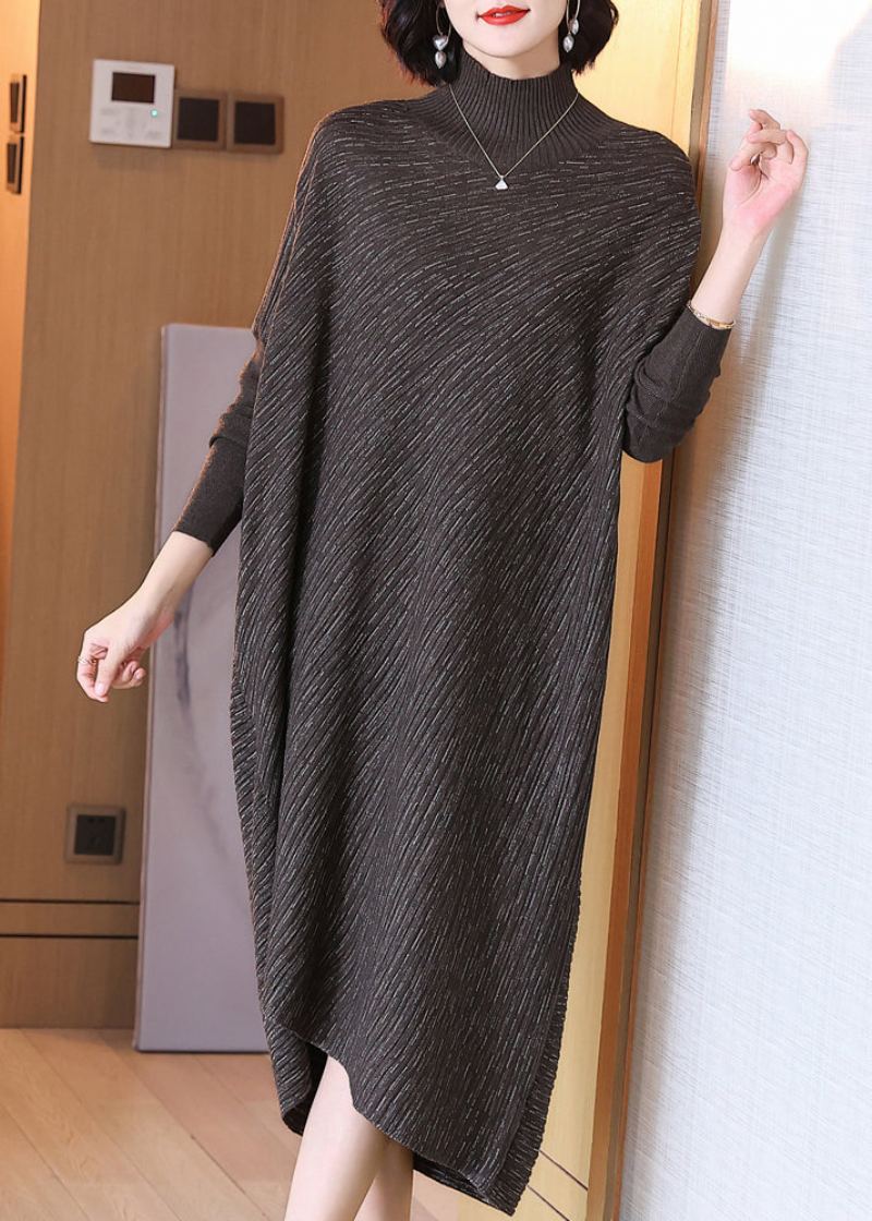 Robe Pull En Laine Patchwork Col Haut Chocolat Grande Taille Hiver