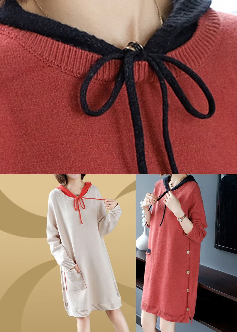 Robe Pull En Laine Tricotée À Capuche Épaisse Avec Boutons Patchwork Rouge Brique De Grande Taille Automne - Rouge Brique