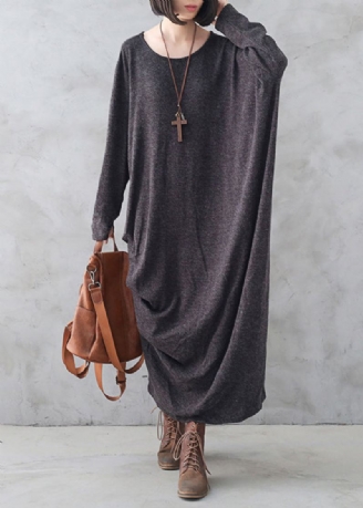 Robe Pull Longue Asymétrique En Tricot De Laine Style Bohémien Gris Foncé Col Rond Automne