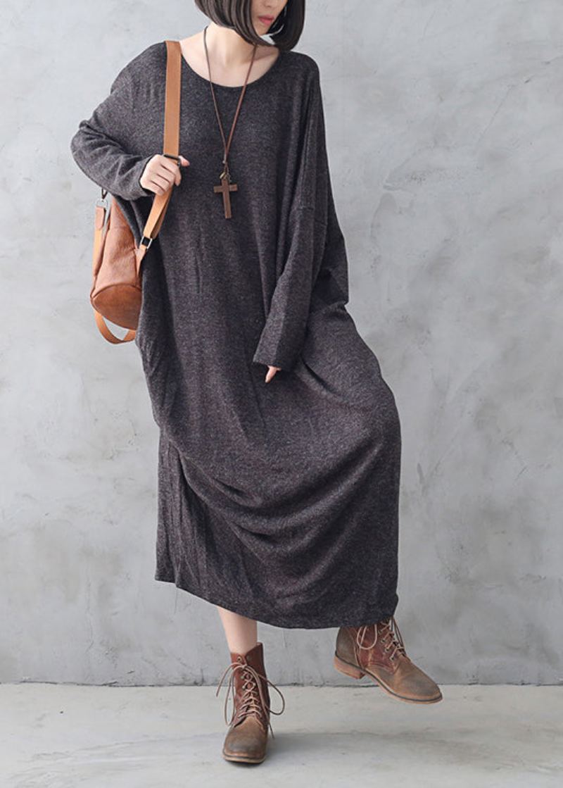 Robe Pull Longue Asymétrique En Tricot De Laine Style Bohémien Gris Foncé Col Rond Automne - Gris Foncé