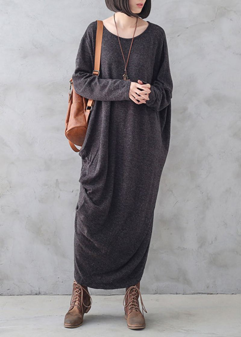 Robe Pull Longue Asymétrique En Tricot De Laine Style Bohémien Gris Foncé Col Rond Automne - Gris Foncé