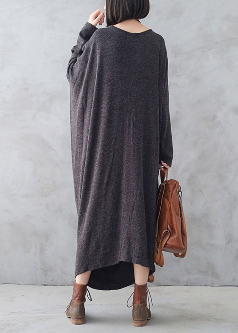 Robe Pull Longue Asymétrique En Tricot De Laine Style Bohémien Gris Foncé Col Rond Automne - Gris Foncé