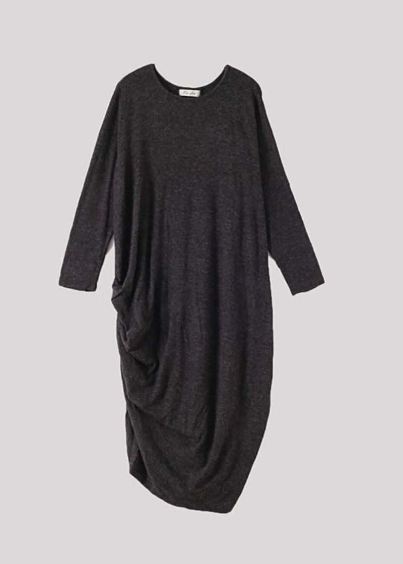 Robe Pull Longue Noire En Tricot De Laine Col Rond Design Bas Et Haut Automne - Noir