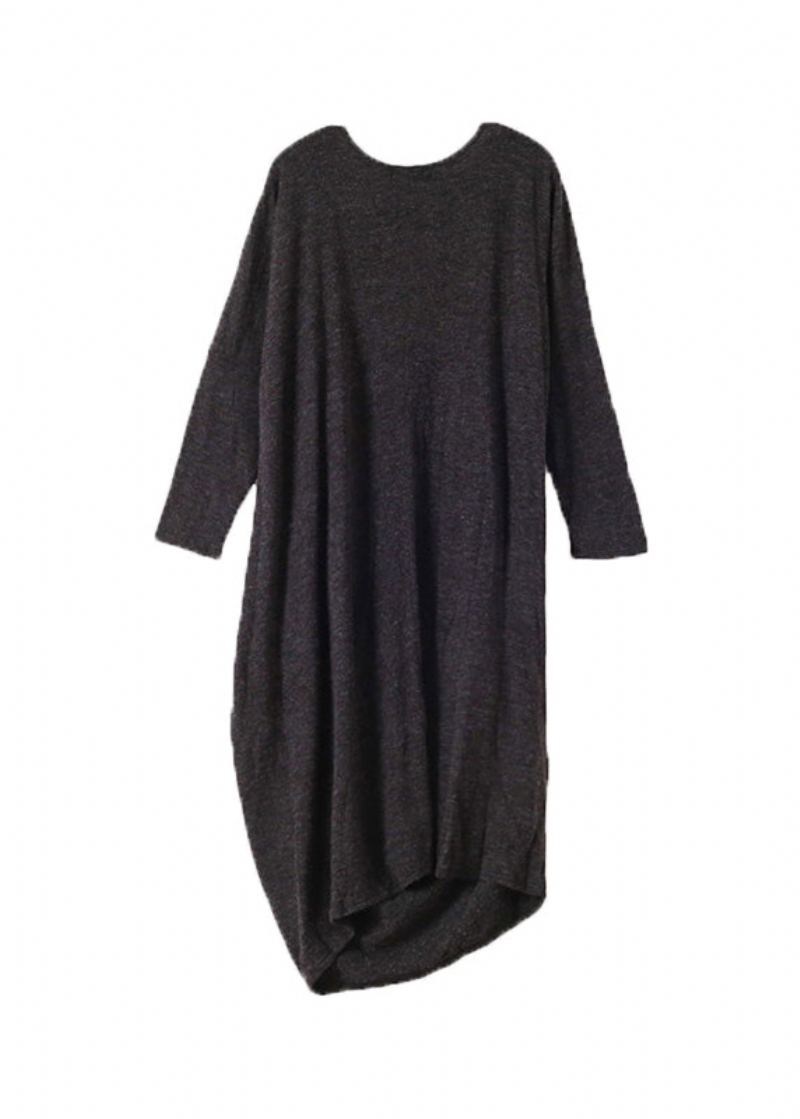 Robe Pull Longue Noire En Tricot De Laine Col Rond Design Bas Et Haut Automne - Noir