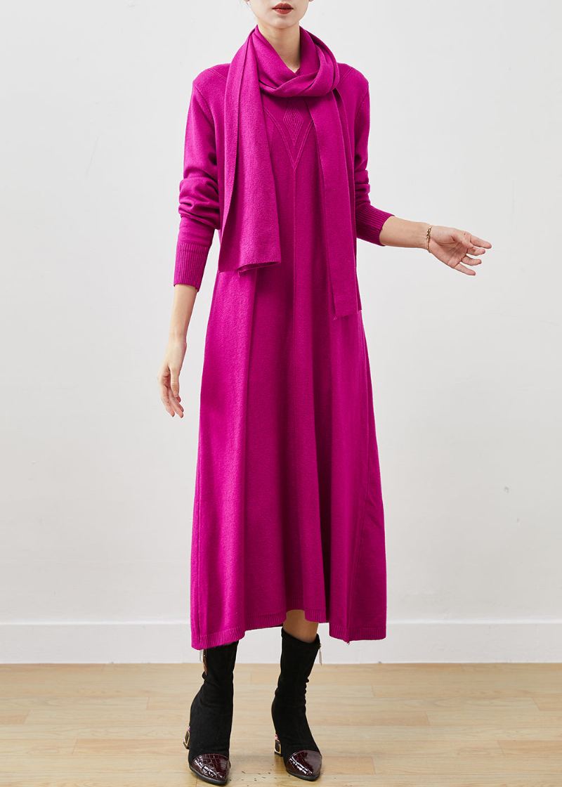 Robe Pull En Tricot De Laine Avec Écharpe Surdimensionnée Fine Rose Pour L'hiver