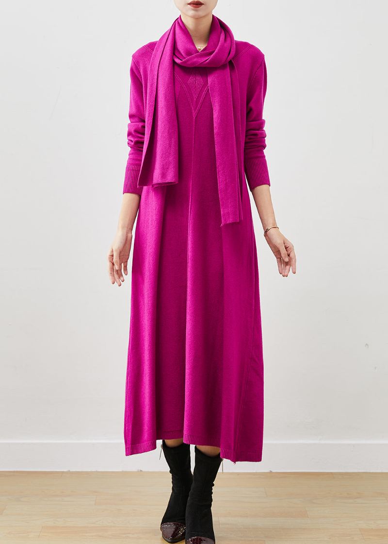 Robe Pull En Tricot De Laine Avec Écharpe Surdimensionnée Fine Rose Pour L'hiver - Manteaux en laine femmes