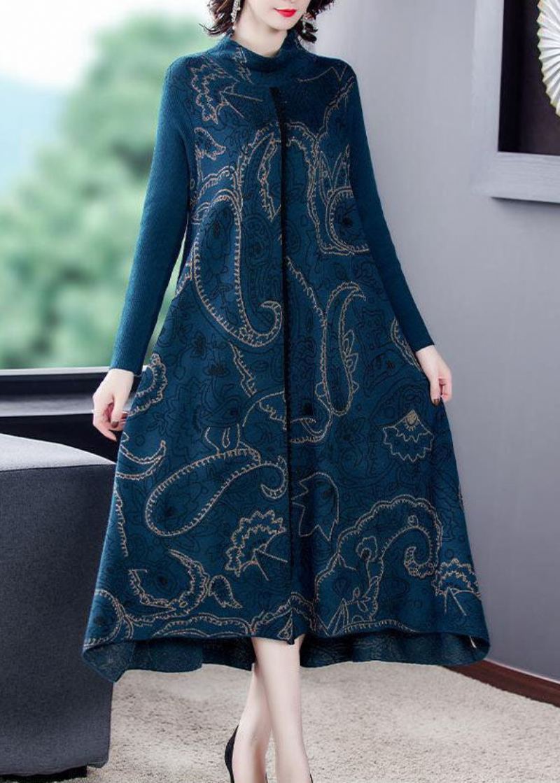 Robe Pull En Tricot De Laine À Ourlet Extra Large Bleu Élégant Col Montant Imprimé Hiver - Manteaux en laine femmes