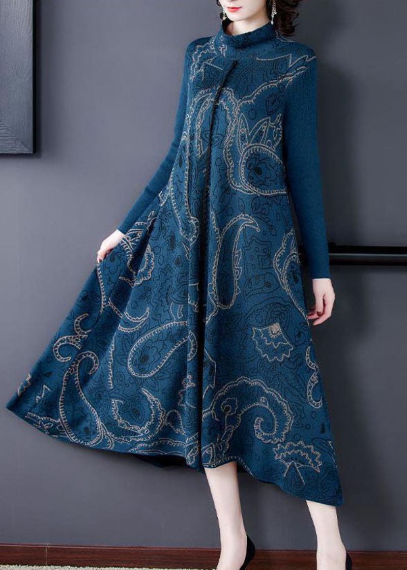 Robe Pull En Tricot De Laine À Ourlet Extra Large Bleu Élégant Col Montant Imprimé Hiver - Manteaux en laine femmes