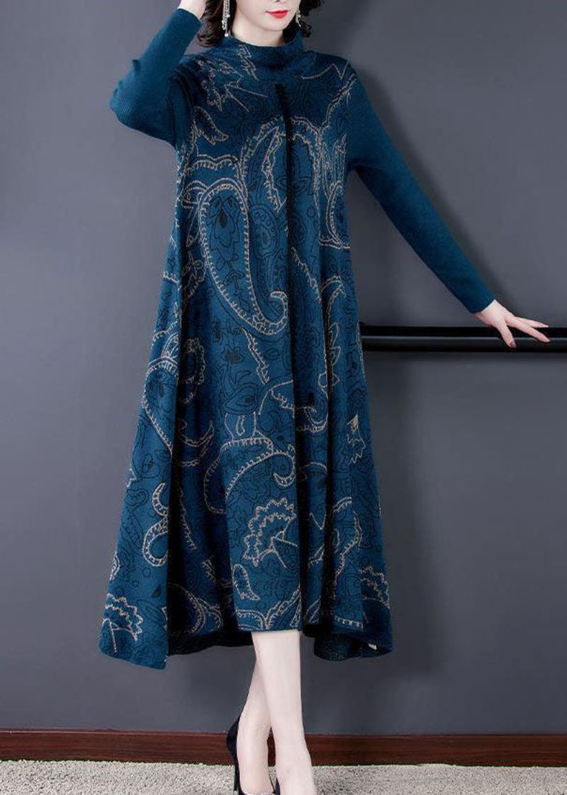 Robe Pull En Tricot De Laine À Ourlet Extra Large Bleu Élégant Col Montant Imprimé Hiver - Manteaux en laine femmes