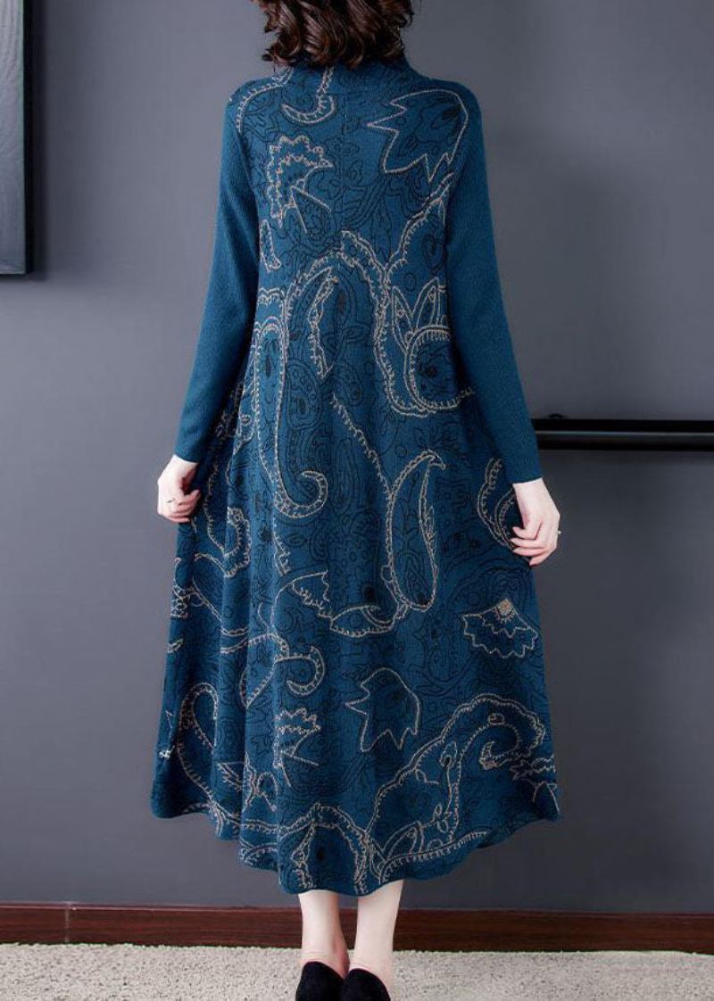 Robe Pull En Tricot De Laine À Ourlet Extra Large Bleu Élégant Col Montant Imprimé Hiver - Manteaux en laine femmes