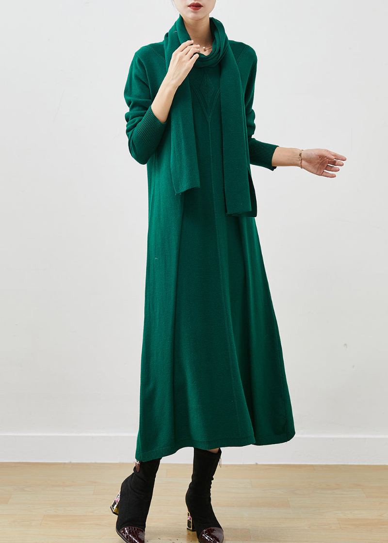 Robe Pull En Tricot De Laine Vert Noirâtre Écharpe Gratuite Hiver